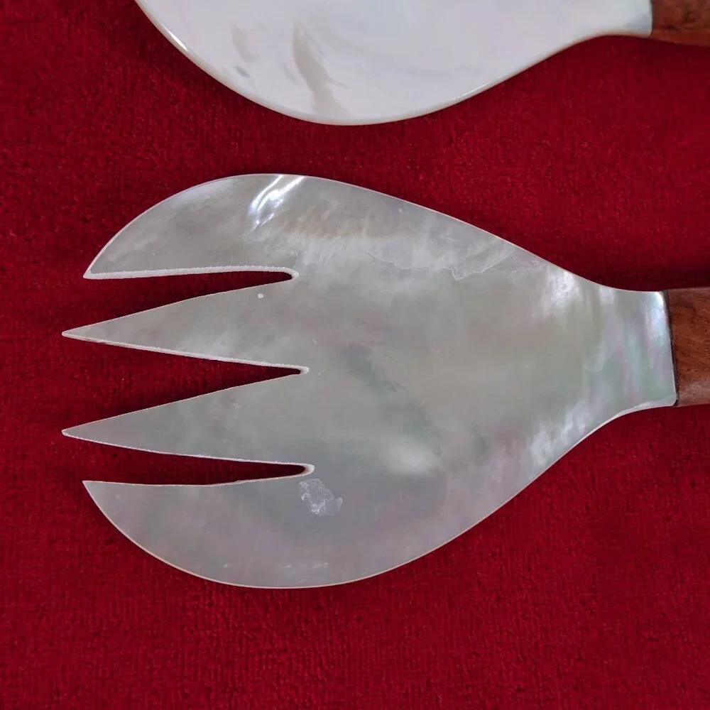Salad Server Fork Spoon Tongs Natural Iridescent Capiz Mother of Pearl Seashell